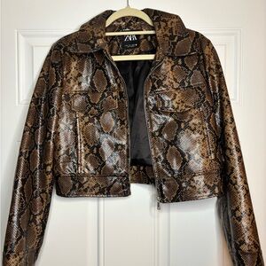 Zara Brown Snake Print Leather Jacket